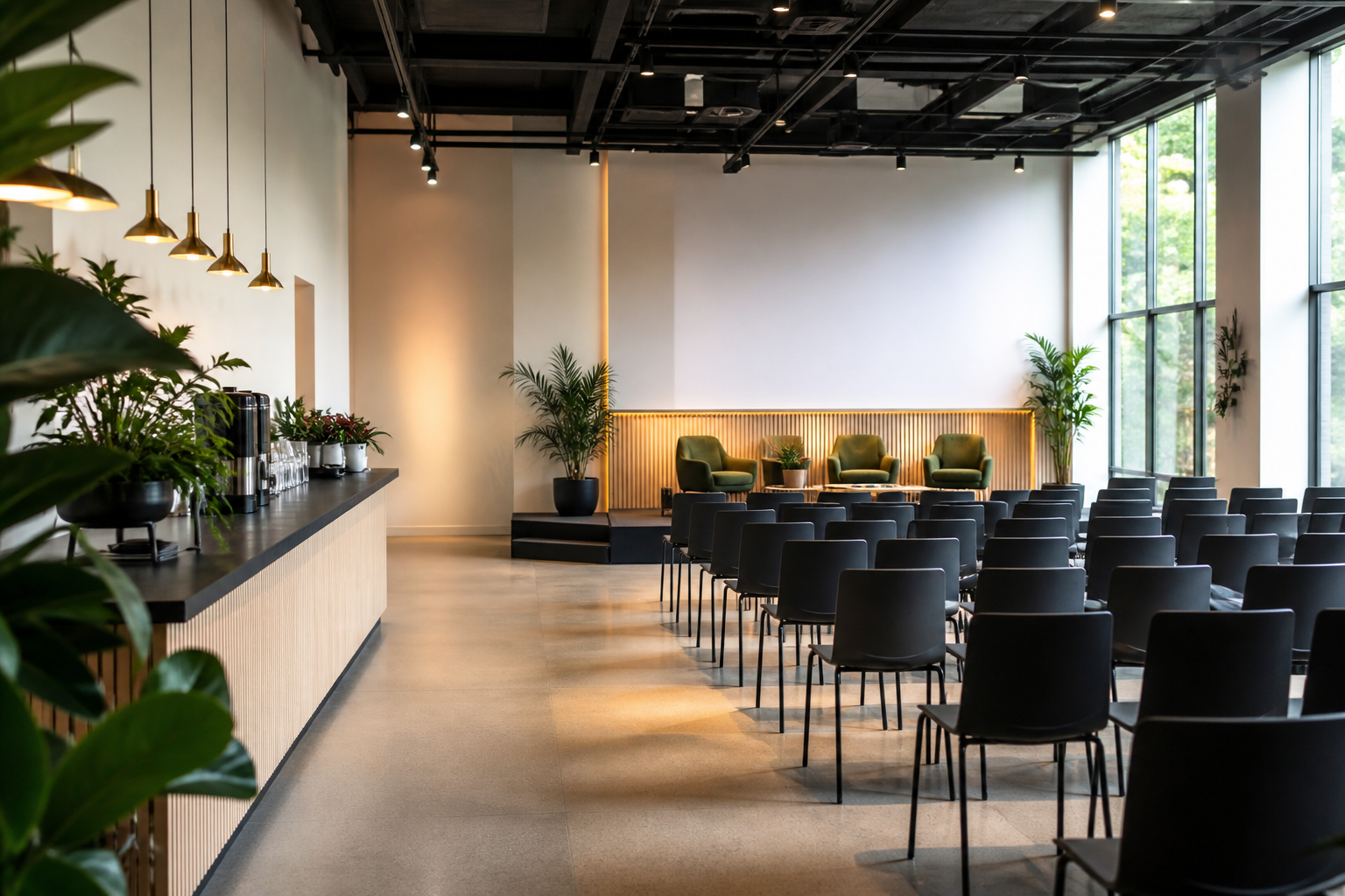 Modern workshop venue prepared for a small conference